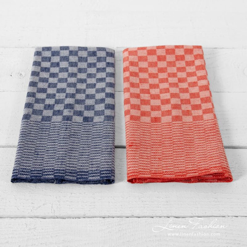 Red and navy linen blend kitchen towel set