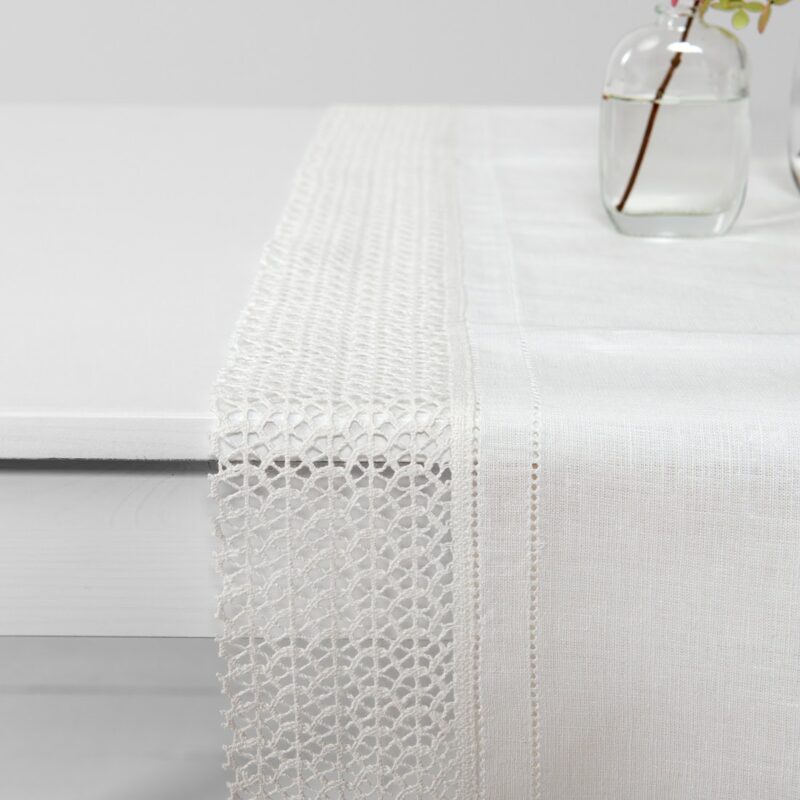 VEILA white linen table runner, with wide lace border