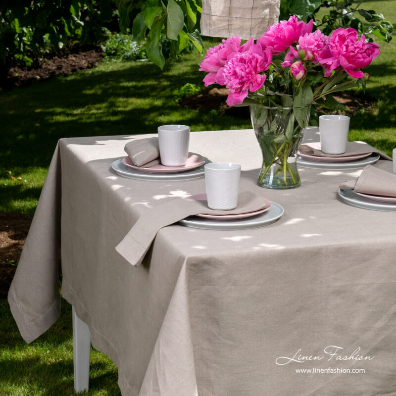 Linen blend grey tablecloth with folded borders and hemstitch