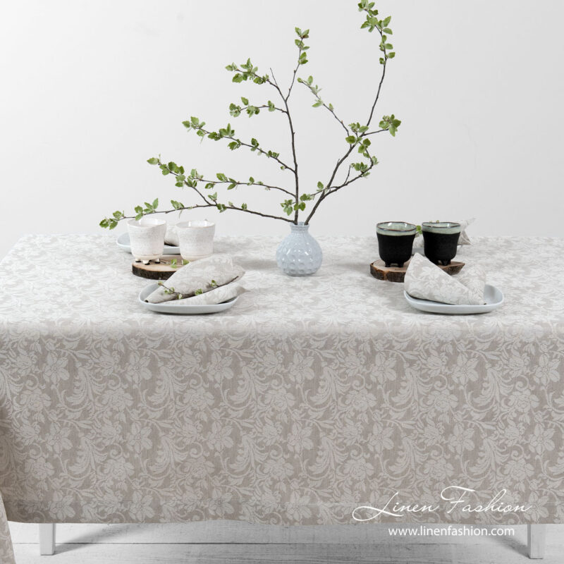 Jacquard linen tablecloth in light grey and white color