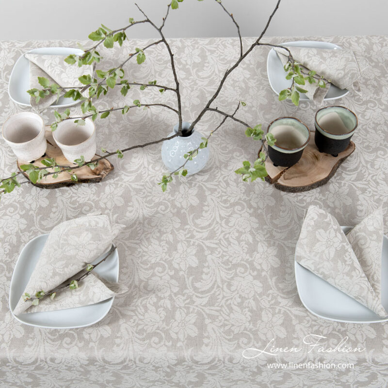 Grey linen tablecloth with flower ornaments