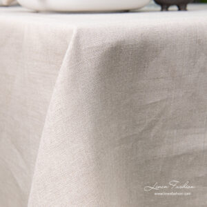 Plain weave natural flax color linen tablecloth with hemstitch