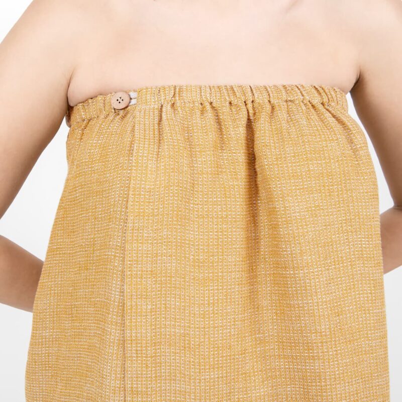 linen yellow wrap towel, with button