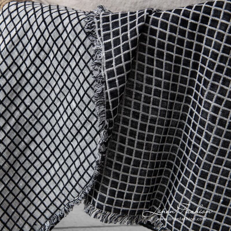 Double sided black linen cotton blanket with fringes