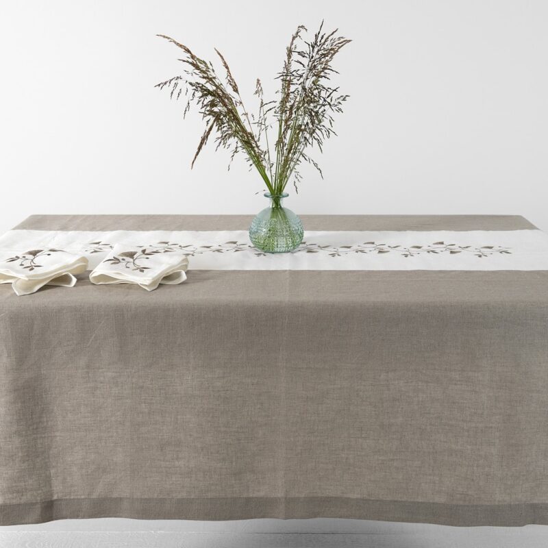 Natural linen tablecloth with white middle, floral stitching