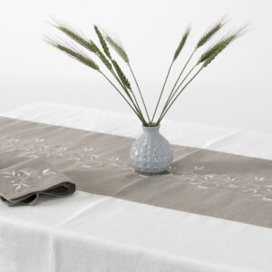 Off-white tablecloth with natural linen middle, with white floral stitching