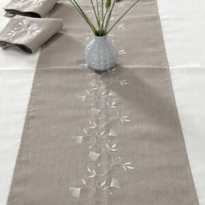 Off-white tablecloth with natural linen middle, matching napkins available