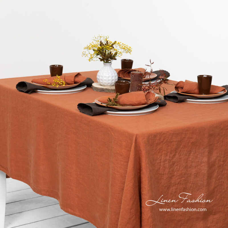 Pure linen washed dark orange color tablecloth