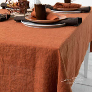 Washed plain weave dark orange linen tablecloth