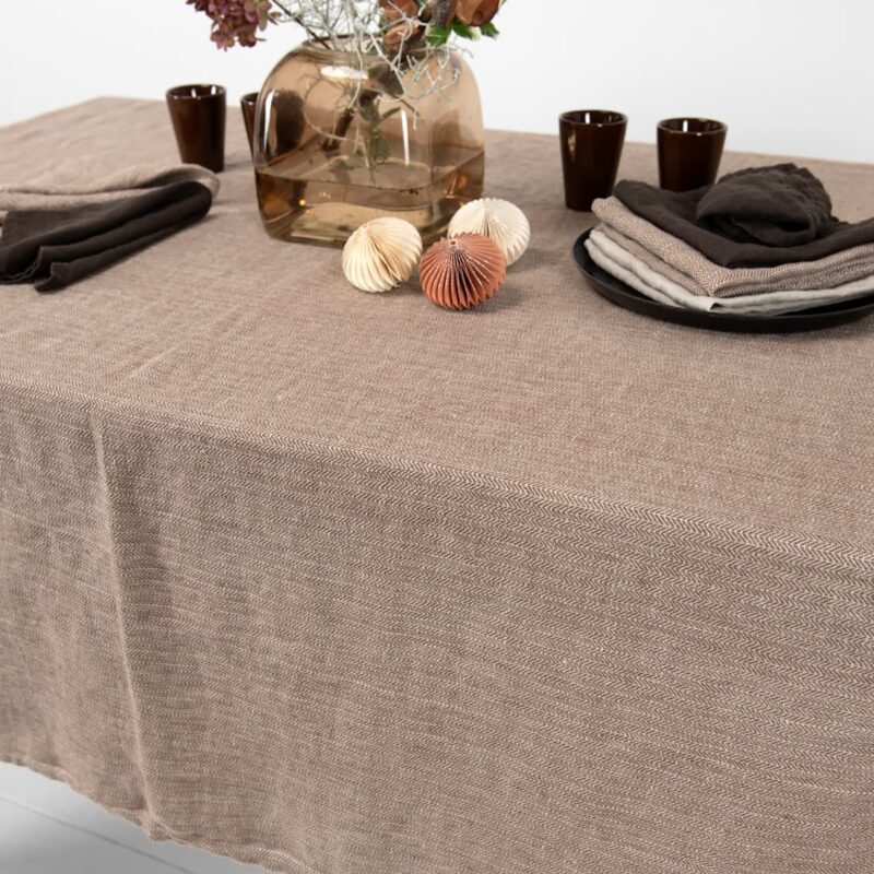 brown linen herringbone tablecloth, washed.
