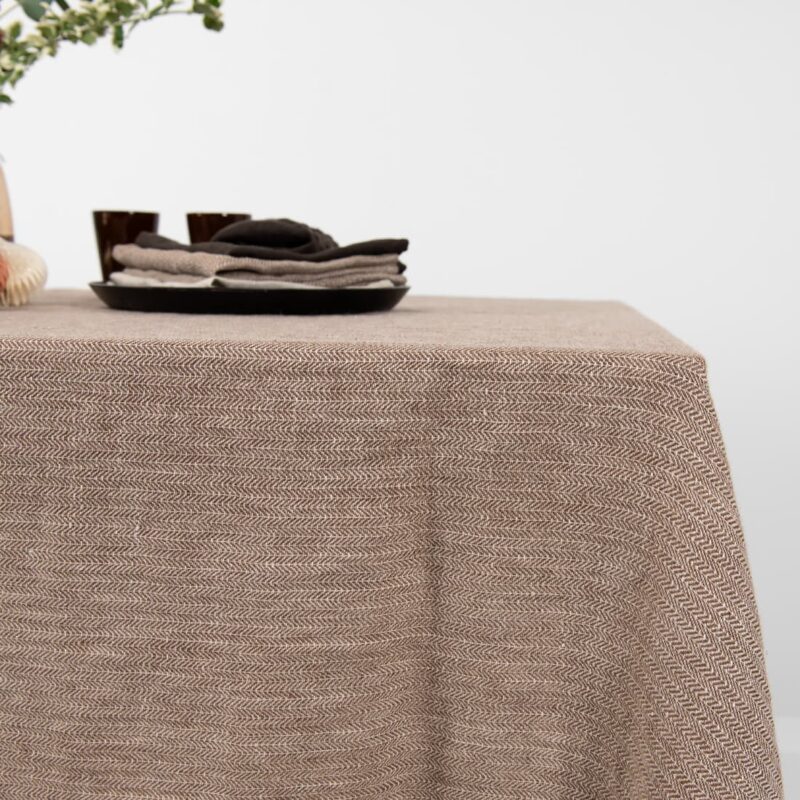 brown linen herringbone tablecloth, light weight.