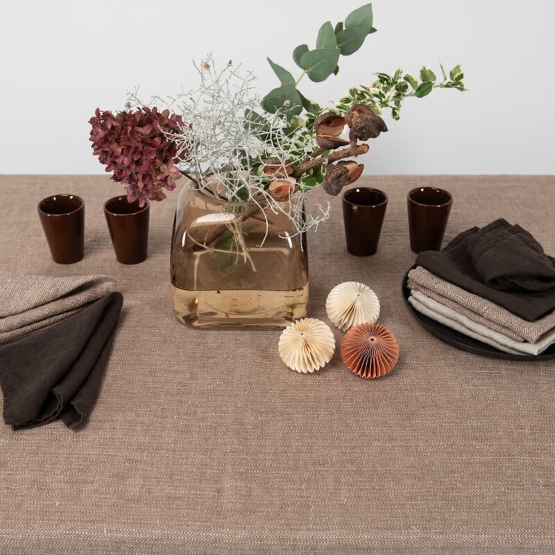 brown linen herringbone tablecloth for festive period.