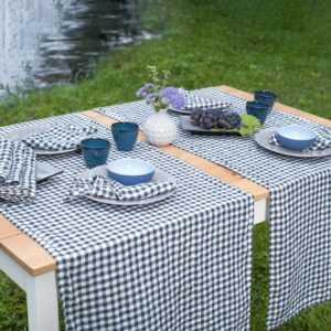Checked blue linen table runner