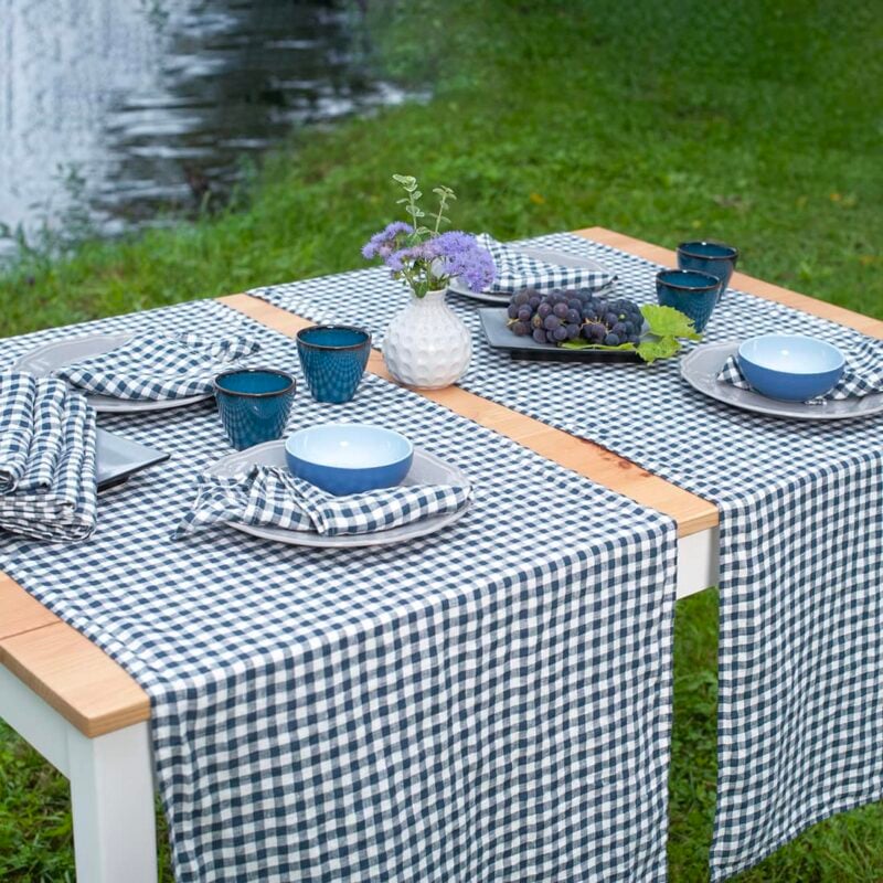 Checked blue linen table runner
