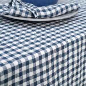 Checked blue linen table runner, washed fabric