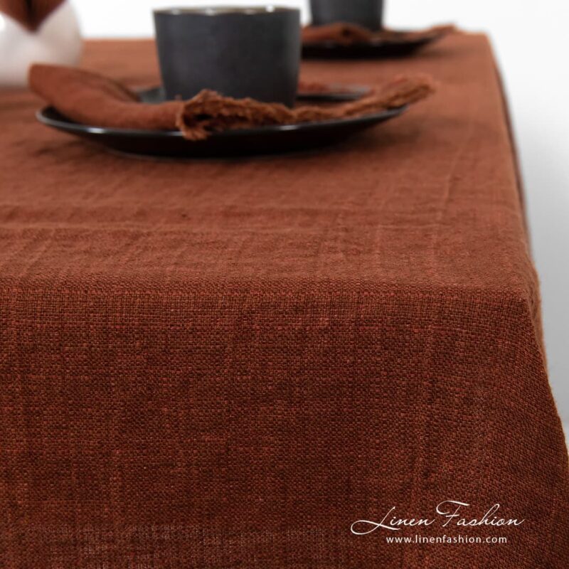 100% linen tablecloth in brown.