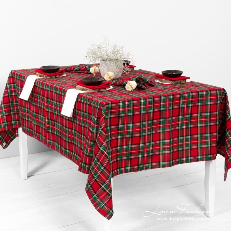 Scarlet checked red tablecloth.