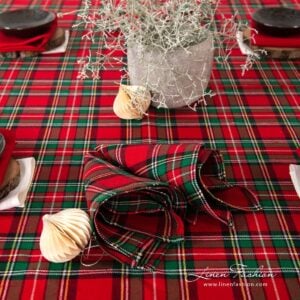 Checked scarlet napkin.