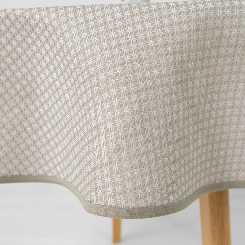 Round/oval linen cotton white tablecloth, with beige piping