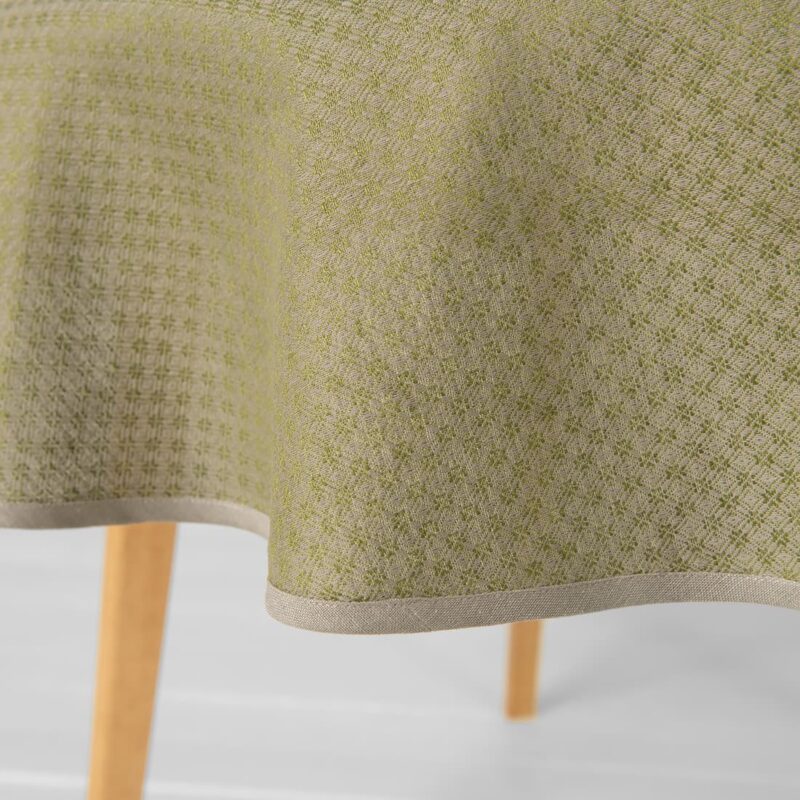 Round/oval linen cotton green tablecloth, with beige piping