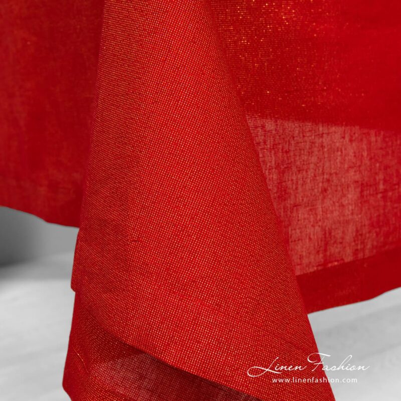 Linen tablecloth red with gold lurex yarns, folded border 4cm.