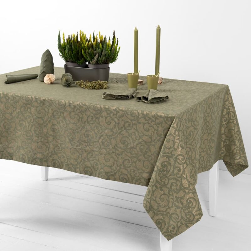 linen cotton olive jacquard tablecloth with golden shining.