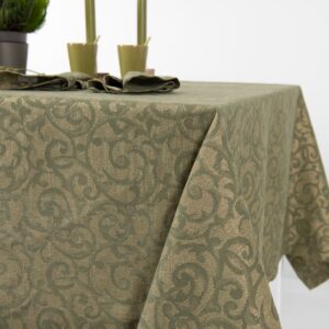 linen cotton olive jacquard tablecloth, flower motifs.