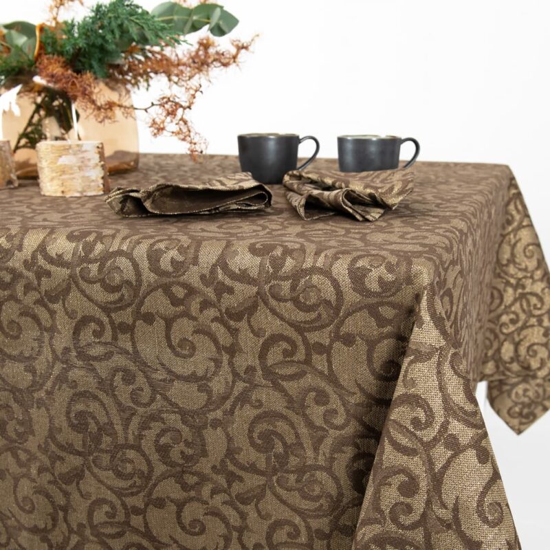 linen cotton brown jacquard tablecloth, decoration.