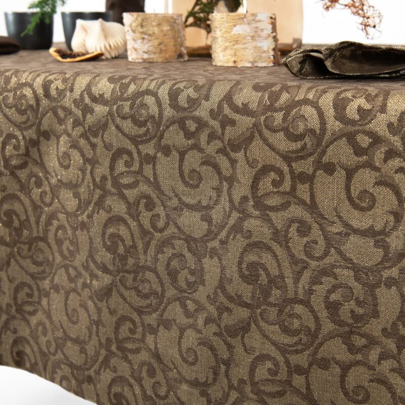 linen cotton brown jacquard tablecloth, with goldedn lurex.