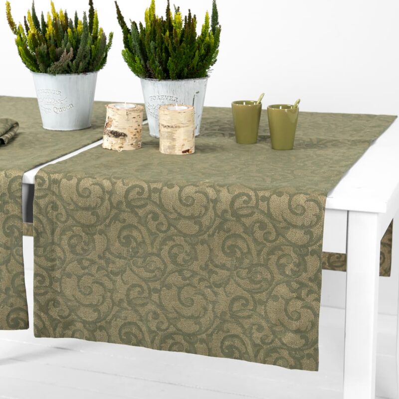 linen cotton olive jacquard runner with 4cm. borders.