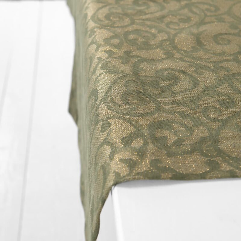 linen cotton olive jacquard runner with golden lurex yarns.