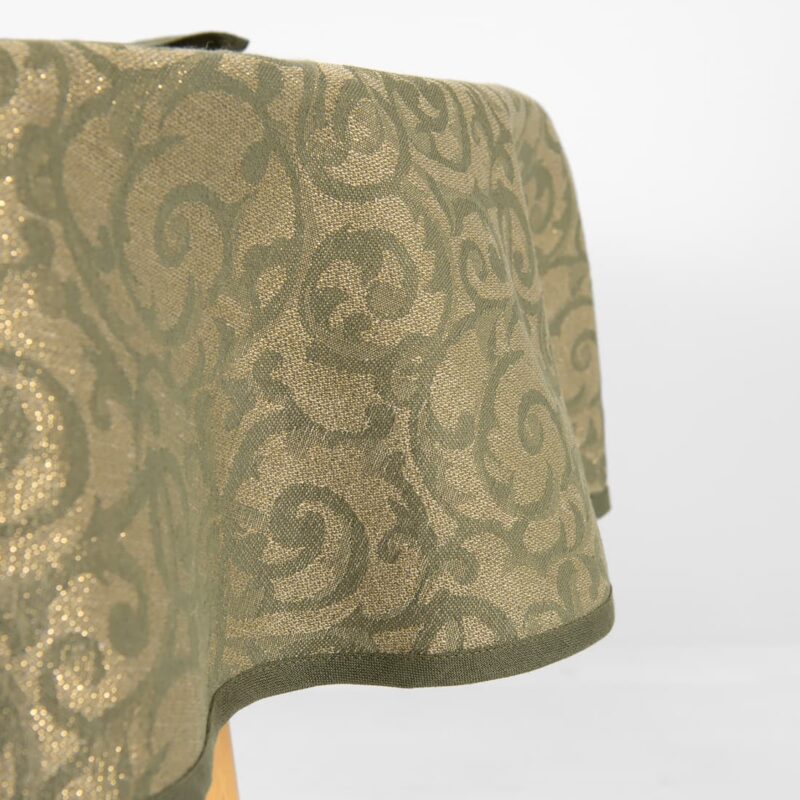 round linen cotton tablecloth olive, gold lurex.