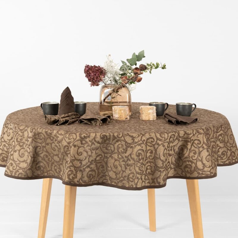 round linen cotton brown jacquard tablecloth, with golden lurex.