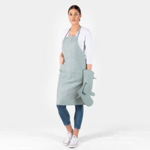 CANDY blueish green linen cotton apron with matching kitchen gloves