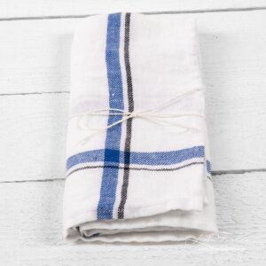 Bright white linen kitchen towel with blue and black checks