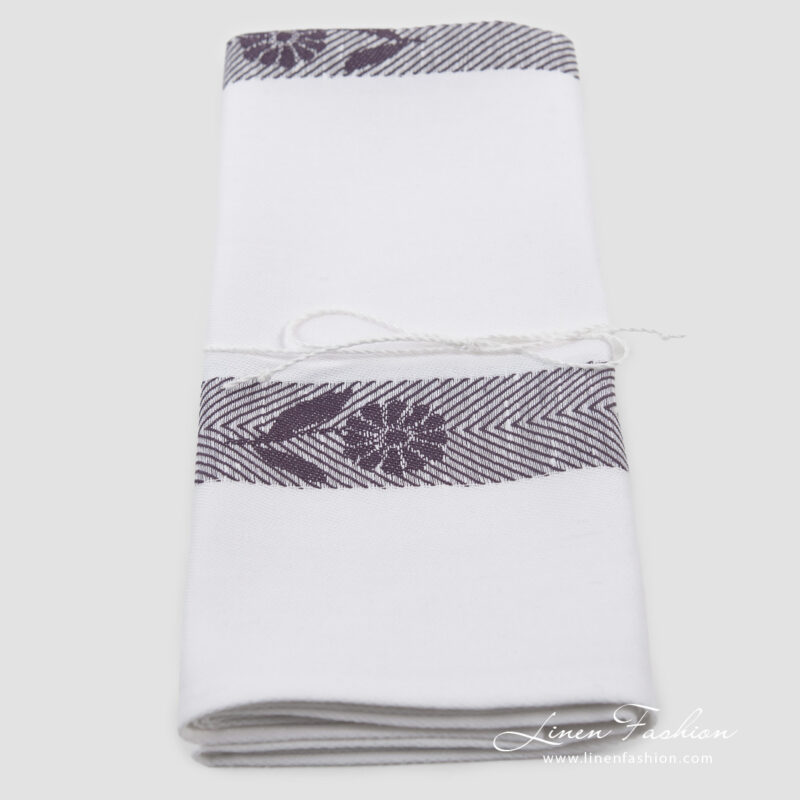 Kitchen linen cotton towel white with violet flowers.