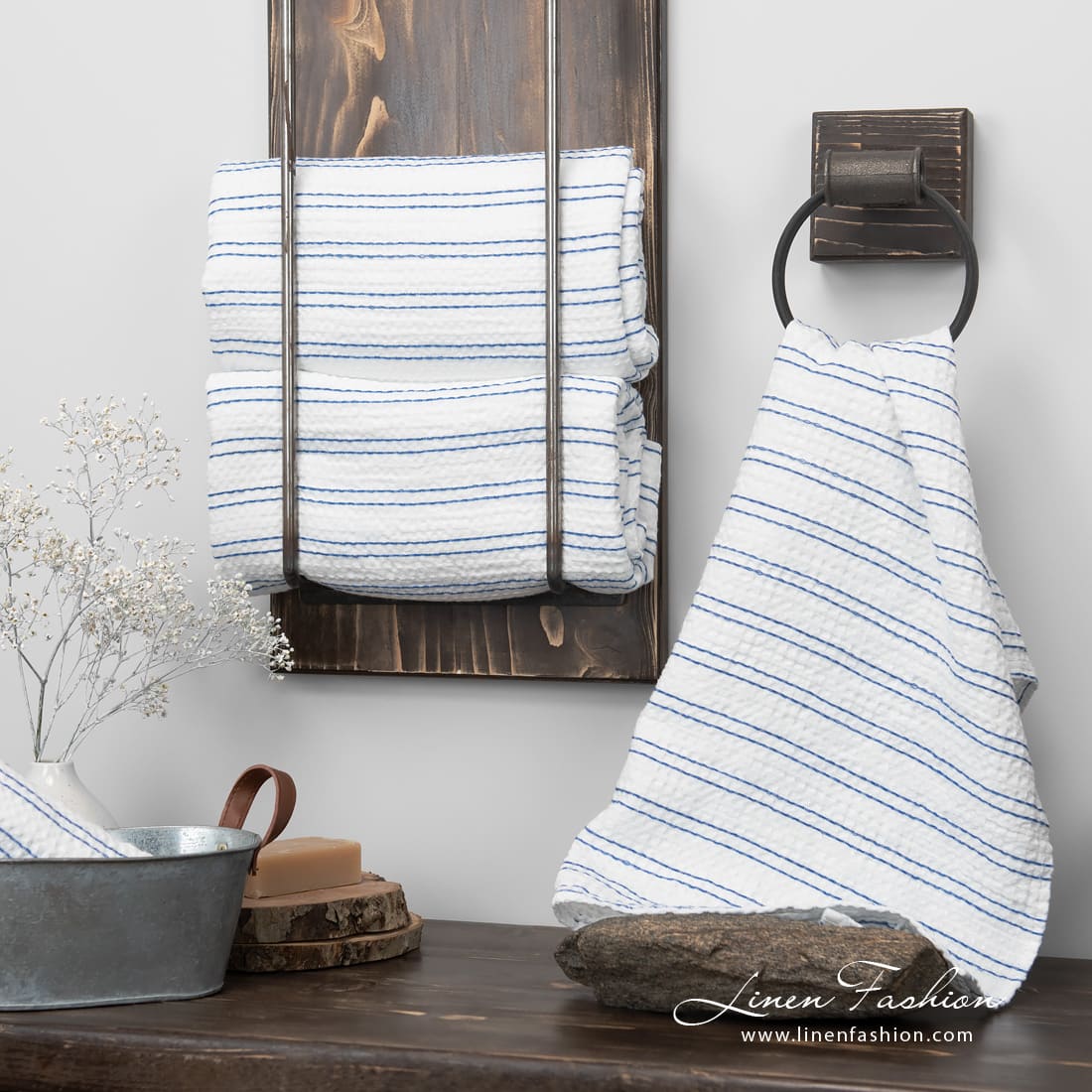 White bath towel with blue stripes