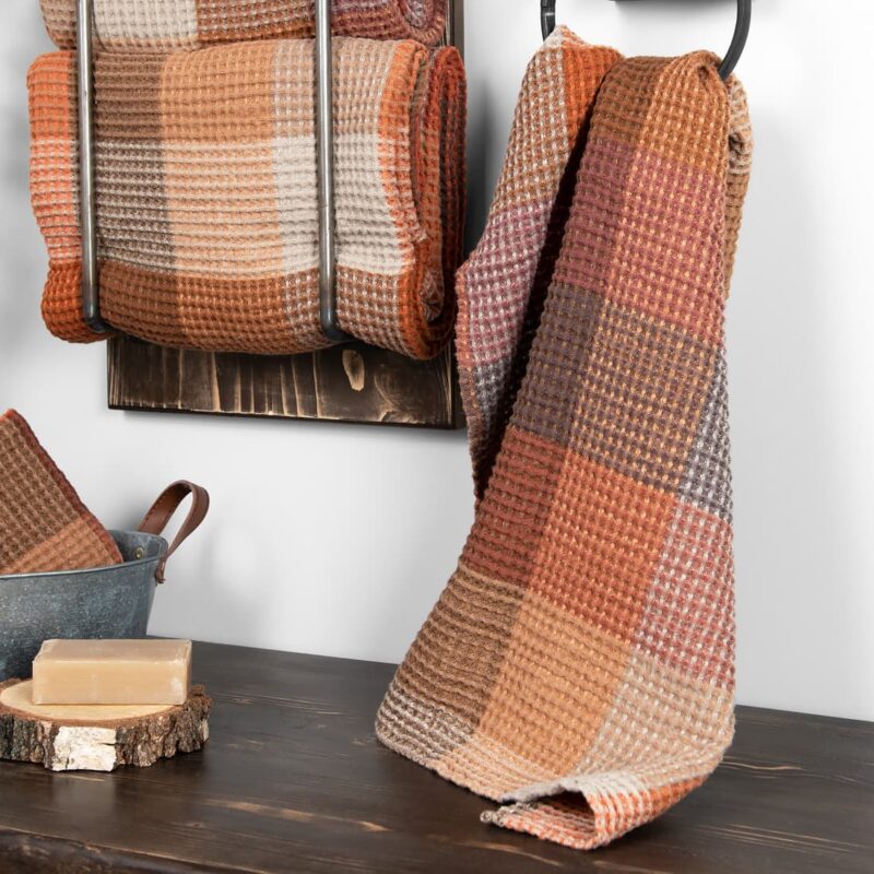 Brown checked linen cotton bath towel, waffle weave