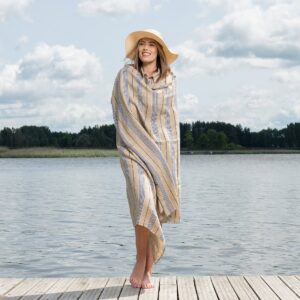 Yellow linen beach towel with blue stripes, pure linen