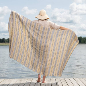 Yellow linen beach towel with blue stripes, large size