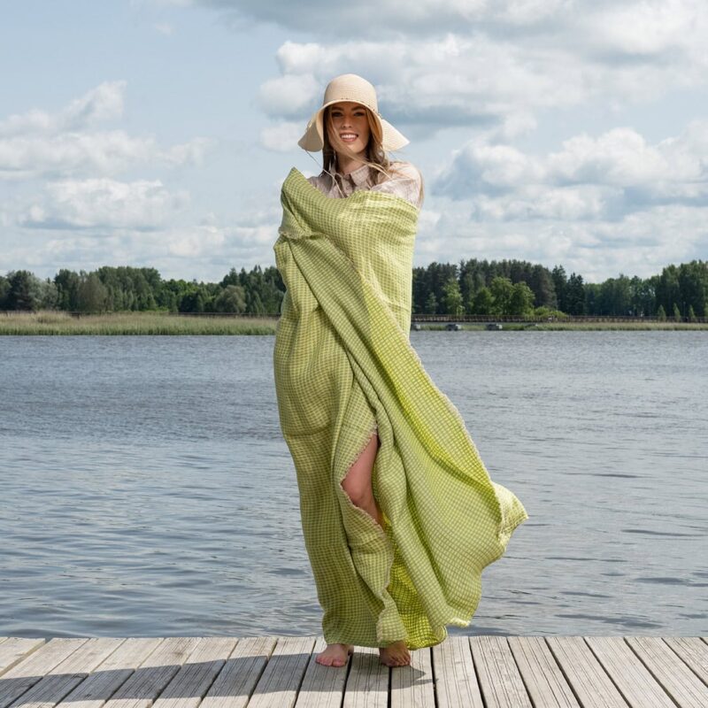 Green checked linen beach towel, lightweight specially washed fabric