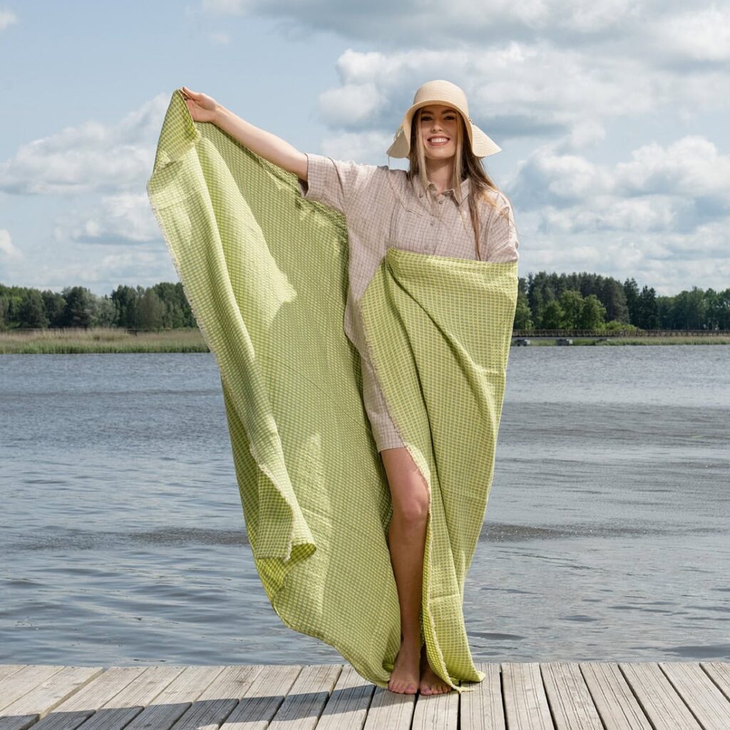 Green checked linen beach towel