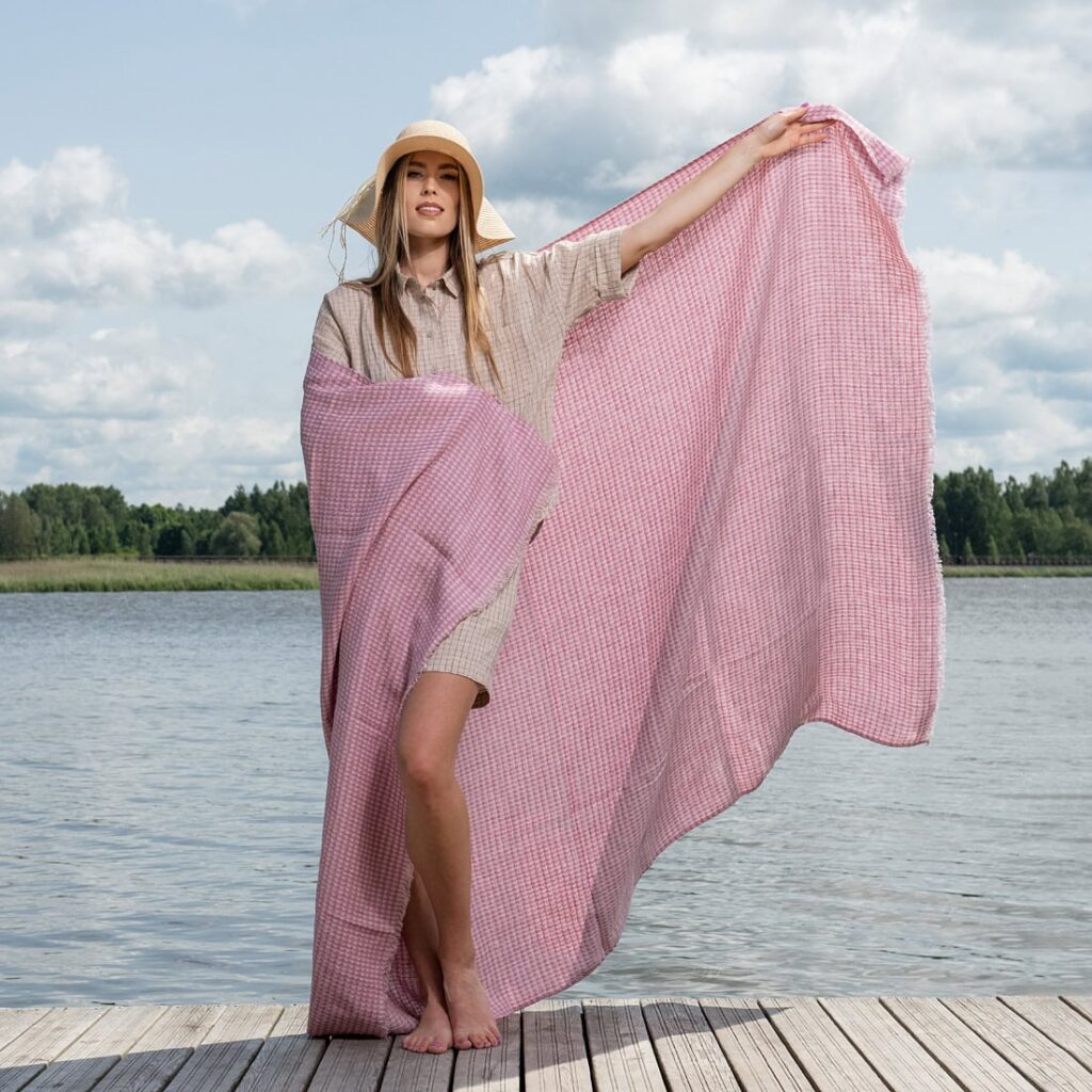 Lilac checked linen beach towel