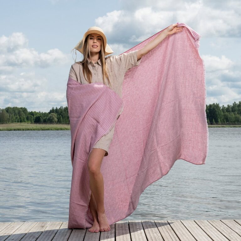 Lilac checked linen beach towel