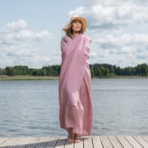 Lilac checked linen beach towel, lightweight specially washed fabric