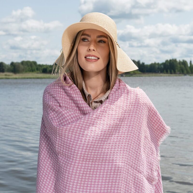 Lilac checked linen beach towel, 100% linen