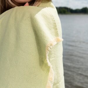 Green and yellow linen cotton beach towel, herringbone pattern