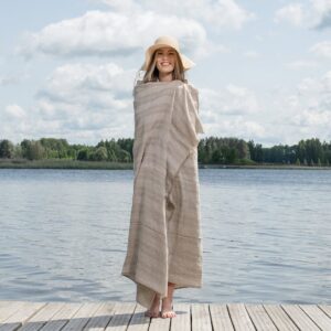 Linen beach towel in sand colour stripes, 100% linen