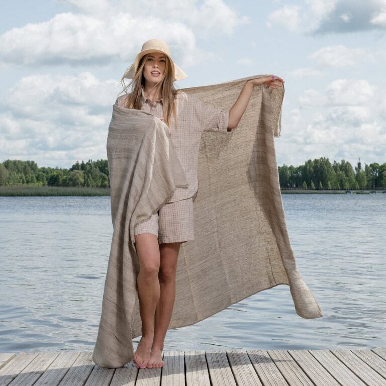 Linen beach towel in sand colour stripes