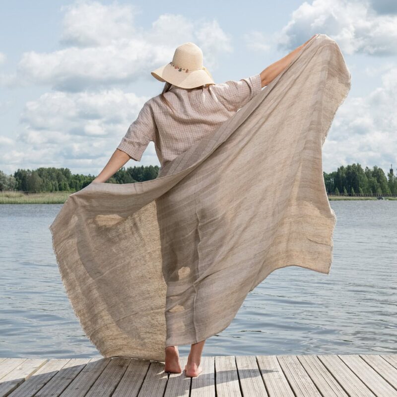 Linen beach towel in sand colour stripes, large size